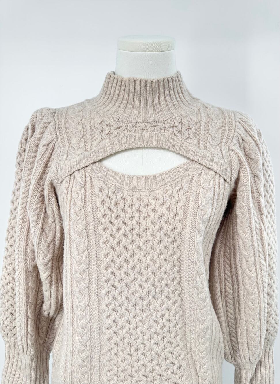 Sea New York Beige 100% Wool Sweater Cut out Puff Sleeve Cableknit Mockneck XS